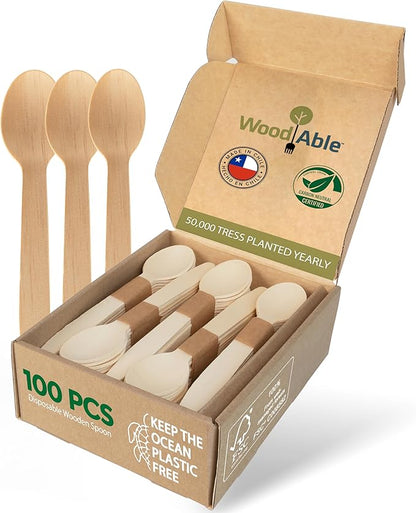 Disposable Wooden Cutlery Set - 100% Home Compostable - 100 Spoons 6.5", Bamboo Utensils Alternative, Eco-Friendly, Organic, Sustainable and Carbon Neutral Certified by WoodAble