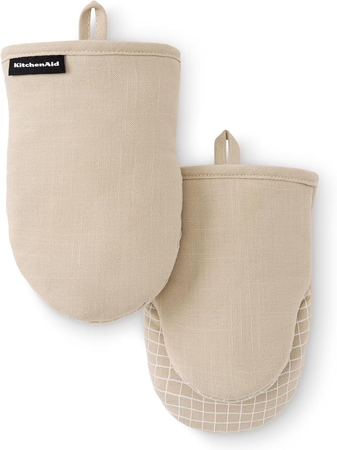KITCHENAID Gourmet Series Gridlines Mini Oven Mitts 2-Pack Set, Heat Resistant up to 600°F, Soft Silicone Grip, Magnetic Cuff, Milkshake Tan, 5.5"x9" by KitchenAid