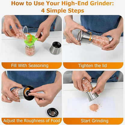 R DRURLCD Short Silver Premium Stainless Steel Salt and Pepper Grinder Set of 2，Adjustable Ceramic Mill - Manual Grinder for Salt, Pepper [No Spices Included]