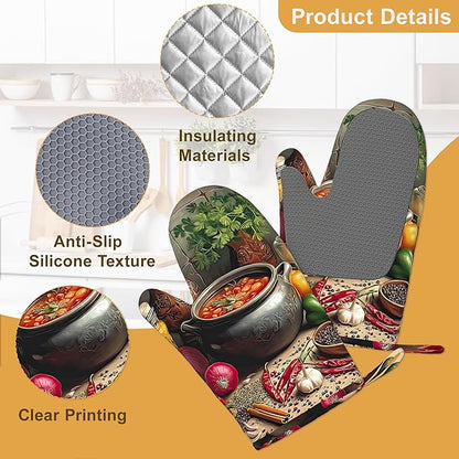 Herbs Spices Seasonings Oven Mitts and Pot Holders Set of 4, Heat Resistant Non Slip Kitchen Gloves Hot Pads,Chef Cooking Baking Gifts for Women Bakers,Kitchen Gifts for Cooking Lover Cooks