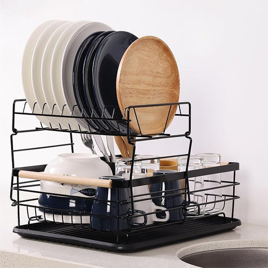 Navaris 2 Tier Dish Rack - Compact Drying Kitchen Board with Drip Tray & Cutlery Holder - Easy to Assemble and Clean Dishes - Sink Drainer Rack - Black by Navaris