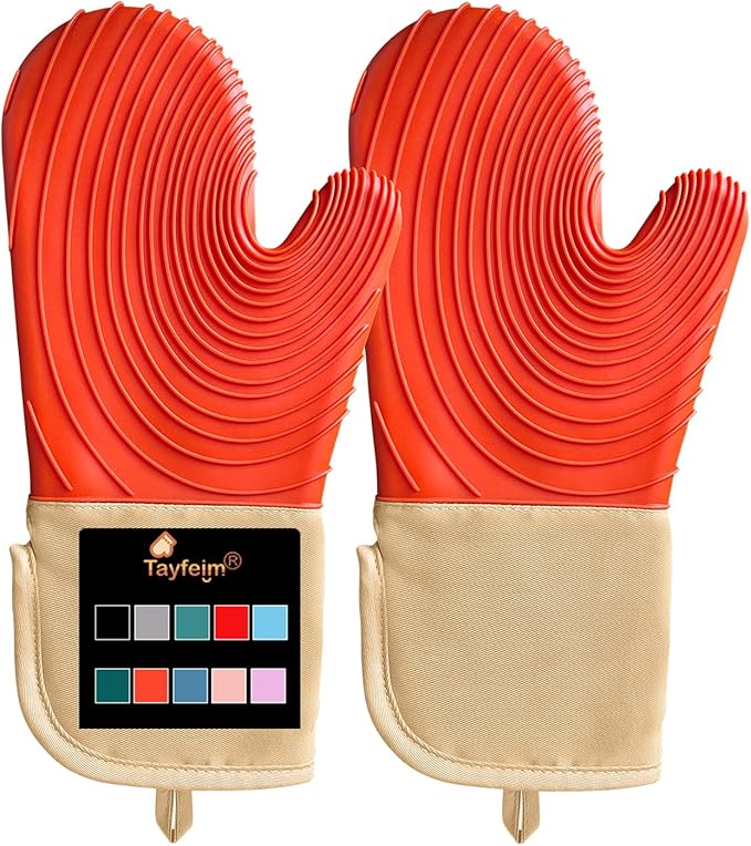 Silicone Oven Mitts-13.6 in Extended Oven Mitts Heat Resistant 500F, Oven Gloves with Soft Liner Good Grippy BPA-Free Easy to Clean Flexible-Oven Mits Set for Cooking Baking Grilling BBQ by Tayfeim