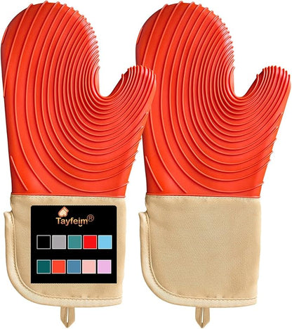 Silicone Oven Mitts-13.6 in Extended Oven Mitts Heat Resistant 500F, Oven Gloves with Soft Liner Good Grippy BPA-Free Easy to Clean Flexible-Oven Mits Set for Cooking Baking Grilling BBQ by Tayfeim