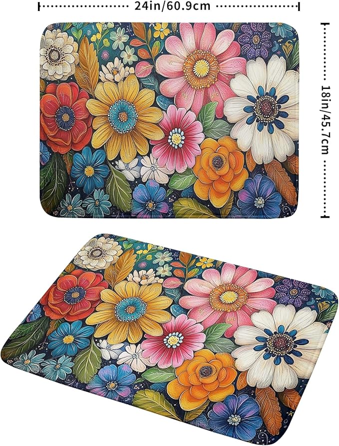 Giwawa Boho Flower Dish Drying Mat, Colorful Floral Leaf Dish Drainer Mats, Rustic Wildflower Plant Botanical Reversible Dish Drying Rack Pad Protector for Kitchen Countertop Decor, 18"x24"