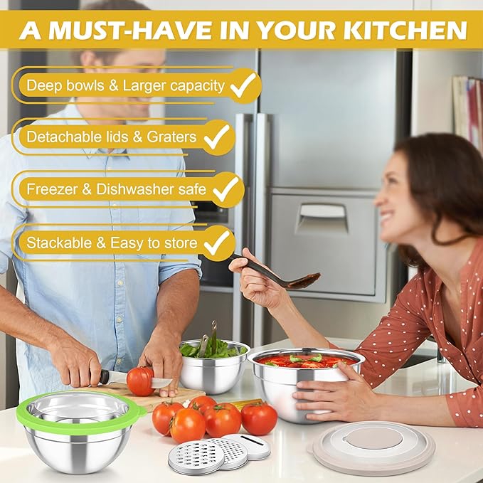 TeamFar Mixing Bowls, 3PCS Stainless Steel Serving Salad Bowls with Lids & 3 Graters, For Kitchen Mixing/Baking/Storing/Prepping, Visible & Airtight, Easy Clean - 4.5/3 / 1.5 QT, Multi-color - Image 8