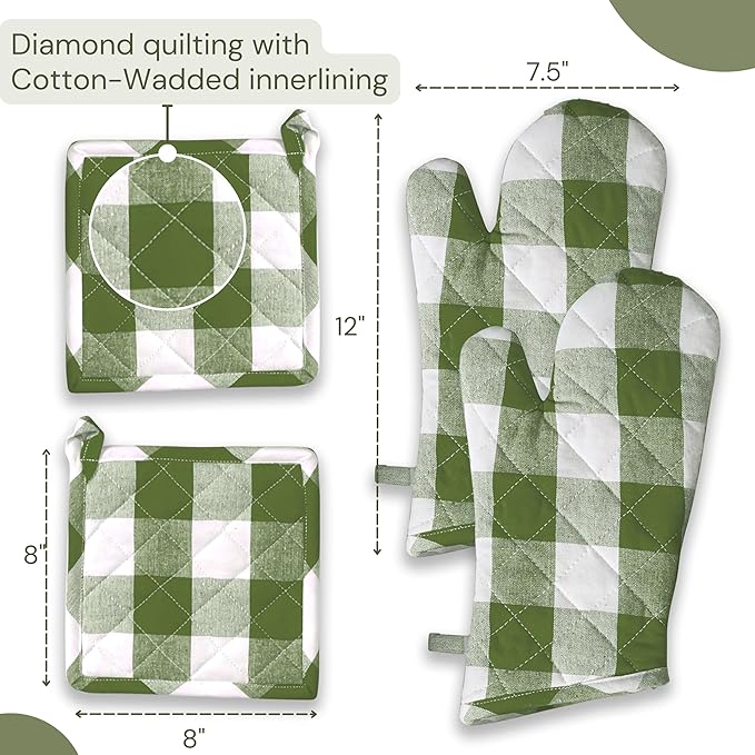 Buffalo Plaid Check Oven Mitts and Pot Holders Set, 100% Cotton, Heat Resistant, 2 Oven Gloves (7x13 Inches) and 2 Hot Pads (8x8 Inches) for Cooking and Baking, Mint Green White