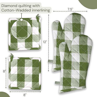 Buffalo Plaid Check Oven Mitts and Pot Holders Set, 100% Cotton, Heat Resistant, 2 Oven Gloves (7x13 Inches) and 2 Hot Pads (8x8 Inches) for Cooking and Baking, Mint Green White