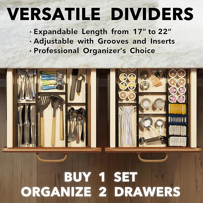 SpaceAid Bamboo Drawer Dividers with Inserts and Labels, Kitchen Adjustable Drawer Organizers, Expandable Organization for Home, Office, Dressers, 10 Dividers with 24 Inserts (17"-22" Black) - Image 5