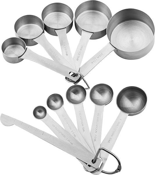 Stainless Steel Measuring Cups and Spoons Set, 18/8(304) Steel Material Heavy Duty 5 Measuring cups and 5 Measuring Spoons 1 Leveler and 2 rings Pack 13pcs Per set