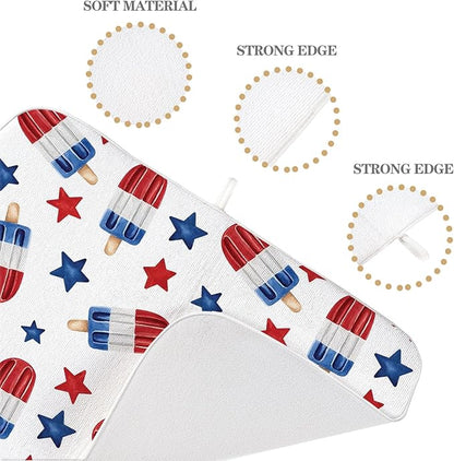 4th of July Dish Drying Mat 18x24 Inch Blue Red Ice Cream Stars Patriotic Drying Mat Independence Day Memorial Day Absorbent Dish Drying Pad Dish Rack Drainer Mats for Kitchen Dining Counter