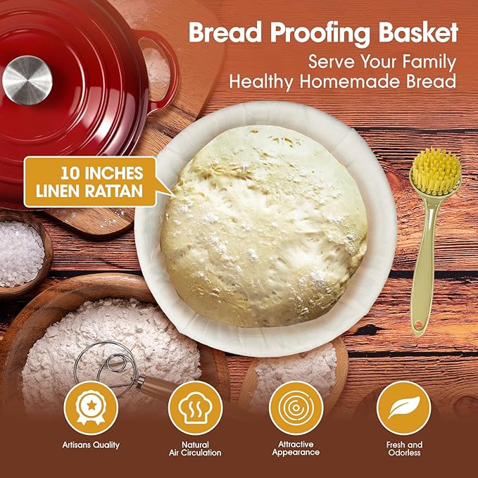 5QT Enameled Cast Iron Dutch Oven for Bread & Multi-Cooking – Complete Sourdough Starter Kit with Lid ,Probe Thermometer, Proofing Basket, Silicone Sling & Gift Packaging Bags,Oven Safe up to 500°F(Red)