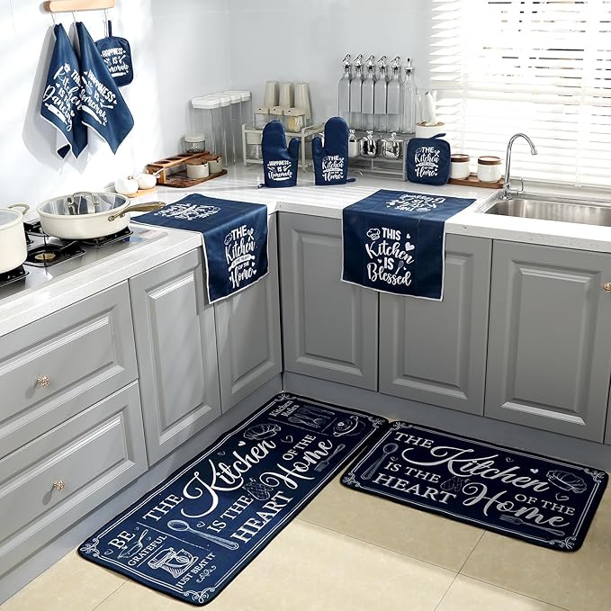 Fourluoo 10 Pcs Farmhouse Kitchen Decor and Accessories Set 4 Kitchen Towels 2 Pot Holders 2 Oven Mitts 2 Rugs for Cooking Baking Mom Housewarming Gifts(Dark Blue,Classic Style) - Image 7