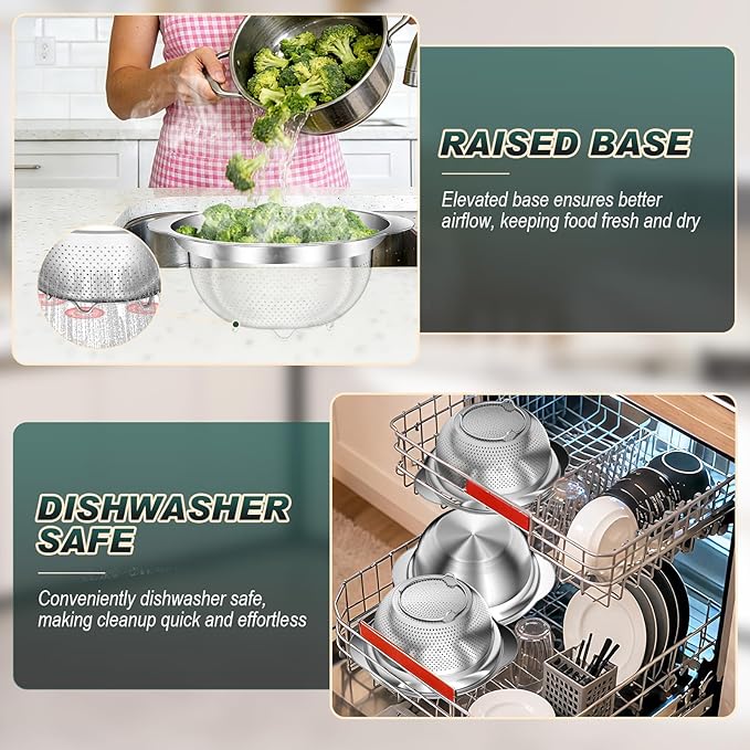 Stainless Steel Colanders with Mixing Bowl - 2.0QT & 2.0QT Strainer and Colander with Handle, 3.0QT Nesting Kitchen Bowl with Colander For Pasta, Vegetables, Fruit, Rice, 3PCS - Image 7