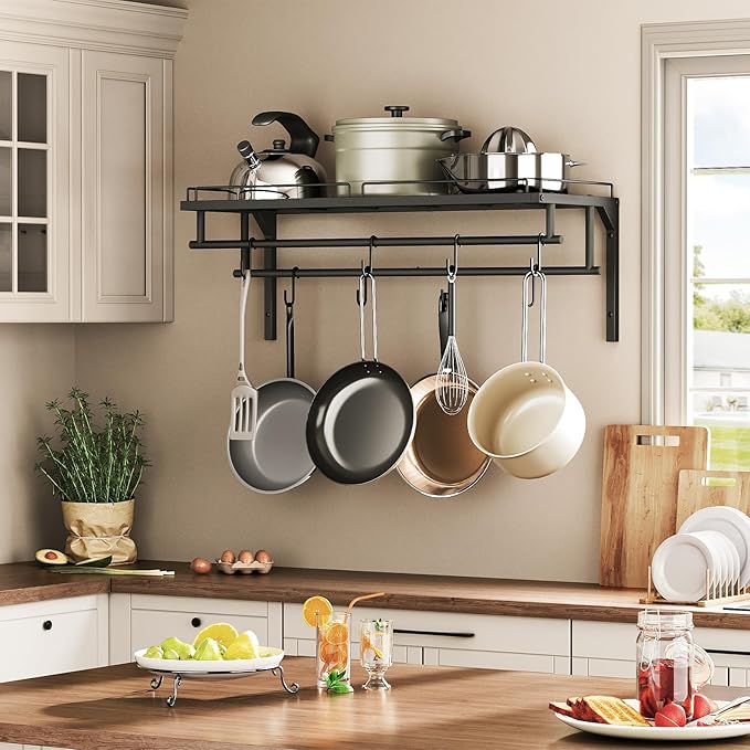 CHOEZON Hanging Pot Rack, Wall-Mounted Pot Rack, Kitchen Cookware Organizer, Metal Pot and pan Organizer Holder, for Cookware, Utensils Organization, Black TPR38BB - Image 2