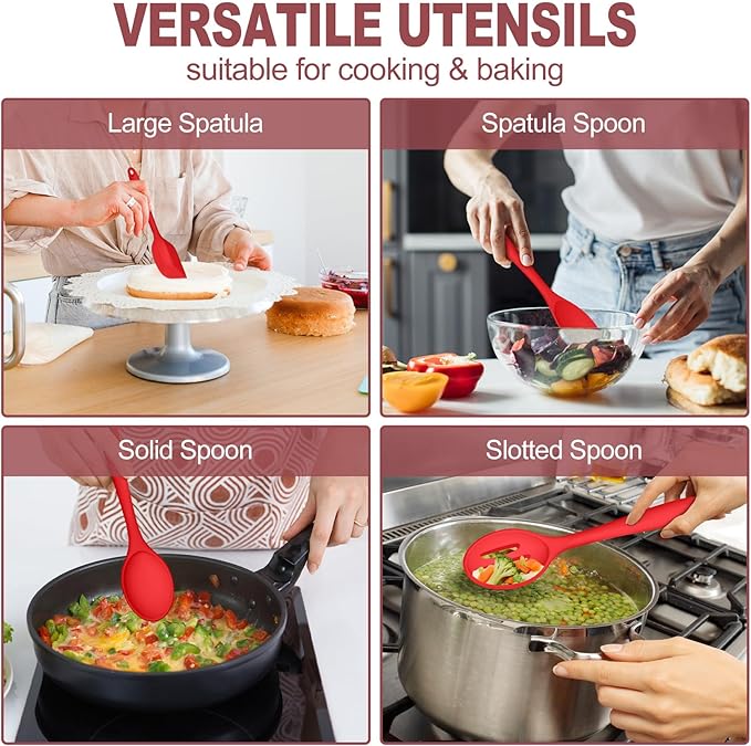 TeamFar Kitchen Utensils, 7 PCS Silicone Cooking Baking Utensil, Non-Stick Kitchen Gadgets with Ladle Spatula Spoon Turner Pasta Server, Non-Toxic & One Piece, Heat Resistant & Dishwasher Safe-Red - Image 6