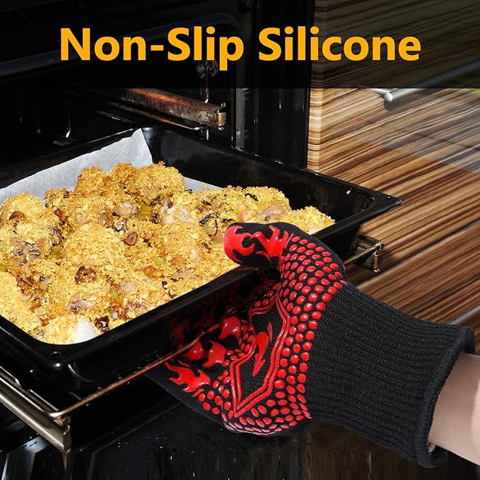 QUWIN BBQ Gloves, BBQ Accessories 1472℉ Extreme Heat Resistant, Grilling Gloves Silicone Non-Slip Oven Mitts, Kitchen Gloves for BBQ, Grilling, Cooking, Baking-1 Pair… (One Size Fits Most, Red) - Image 3