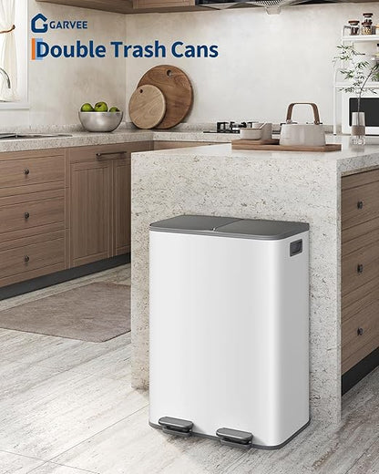 GarveeHome 2 x 8 gal Stainless Steel Double Trash Can with Lid for Kitchen, Large Dual Trash and Recycle Bin Combo, Step-on Kitchen Metal Garbage Cans, PP Inner Buckets, Liner Rim, Grayish-White - Image 2