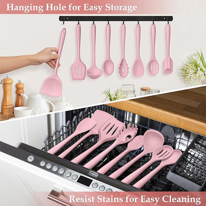 LIANYU Kitchen Silicone Utensils Set, 8Pcs Cooking Utensils Spatula Set for Nonstick Cookware, Heat Resistant Kitchen Gadgets Include Silicone Spoon, Turner, Spatula, Ladle, Dishwasher Safe, Pink - Image 7