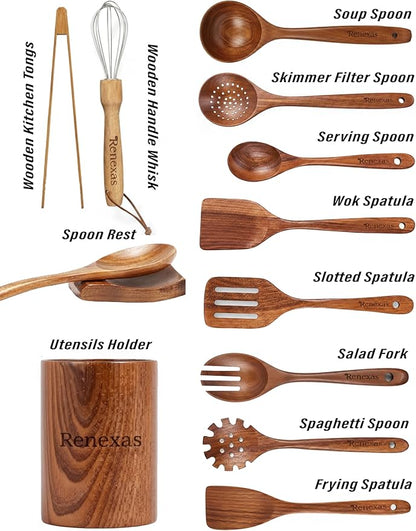 12-Piece Teak Wooden Kitchen Utensil Set – Nonstick Safe Cooking Spoons & Spatulas, Heat Resistant, Durable Natural Wood, Comfortable Grip Handles