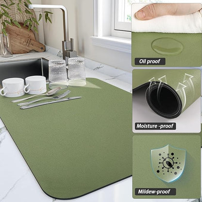 HotLive Dish Drying Mat for Kitchen Counter, Heat Resistant Drainer Mats with Non-slip Rubber Backed, Hide Stain Kitchen Super Absorbent Draining Mat, Easy to Clean Dish Rack Pad, Green 16"x20" - Image 3