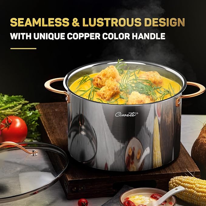 Ciwete Stock Pot 12 Quart, 18/10 Tri-Ply Stainless Steel Whole Clad Stock Pot with Lid, Seamless 12 QT Cooking Pot with Copper Handle, Healthy Stockpots, Induction, Gas, Oven and Dishwasher Safe - Image 6