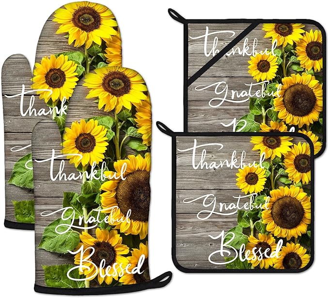 Sunflower Wood Grain Oven Mitts and Pot Holders Sets Heat Resistant 4Pcs Potholders Oven Gloves Hot Pads for Kitchen Baking Cooking Grilling BBQ