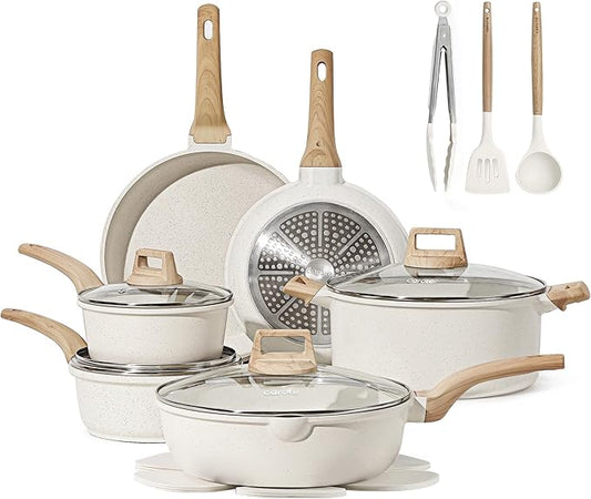 CAROTE 16 Piece Pots and Pans Set Nonstick, White Granite Cookware Sets Induction Cookware, Non Stick Cooking Set w/Frying Pans & Saucepans (PFOS, PFOA Free) by CAROTE