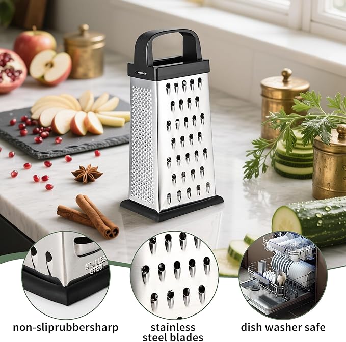 Cheese Grater, 8 IN Size 4-Sided Stainless Steel Grater, Food Shredder for Cheese, Parmesan, Vegetable, Dishwasher Safe, Black - Image 3