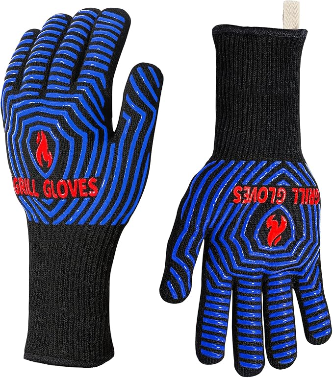 QUWIN BBQ Gloves, Oven Gloves 1472℉ Extreme Heat Resistant, Grilling Gloves Silicone Non-Slip Oven Mitts, Kitchen Gloves for BBQ, Grilling, Cooking, Baking-1 Pair… (Black Blue, One SizeLong Cuff by QUWIN