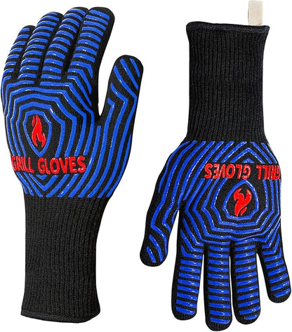 QUWIN BBQ Gloves, Oven Gloves 1472℉ Extreme Heat Resistant, Grilling Gloves Silicone Non-Slip Oven Mitts, Kitchen Gloves for BBQ, Grilling, Cooking, Baking-1 Pair… (Black Blue, One SizeLong Cuff by QUWIN