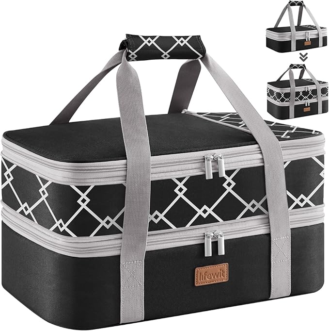 Lifewit Insulated Double Decker Casserole Carrier, Expandable Lasagna Lugger Tote Bag for Hot or Cold Food, Fits 9" x 13" Baking Dish for Potluck Parties, Picnic and Cookouts, Black-Geometric