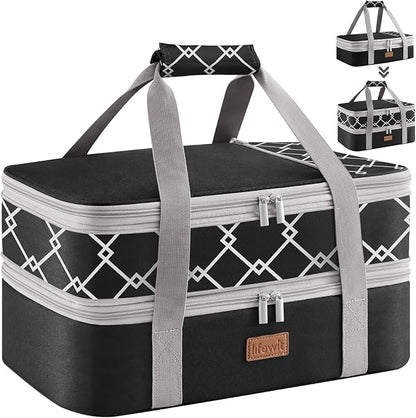 Lifewit Insulated Double Decker Casserole Carrier, Expandable Lasagna Lugger Tote Bag for Hot or Cold Food, Fits 9" x 13" Baking Dish for Potluck Parties, Picnic and Cookouts, Black-Geometric