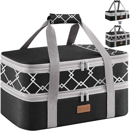 Lifewit Insulated Double Decker Casserole Carrier, Expandable Lasagna Lugger Tote Bag for Hot or Cold Food, Fits 9" x 13" Baking Dish for Potluck Parties, Picnic and Cookouts, Black-Geometric