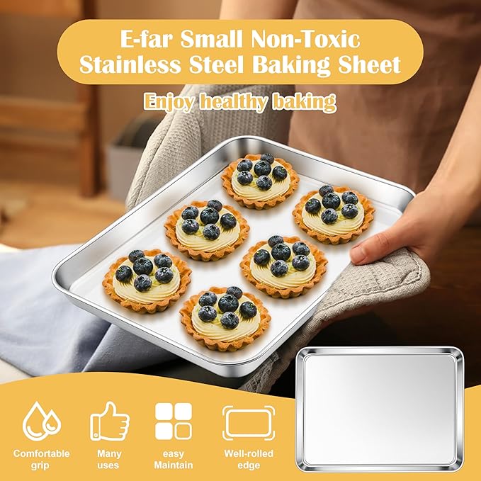 E-far Small Baking Sheet Set of 2, 10.5”x8.3” Stainless Steel Cookie Sheets Pans, Compact Non-toxic Metal Toaster Oven Trays for Cake, Healthy & Rust Free, Mirror Finish & Dishwasher Safe - Image 3