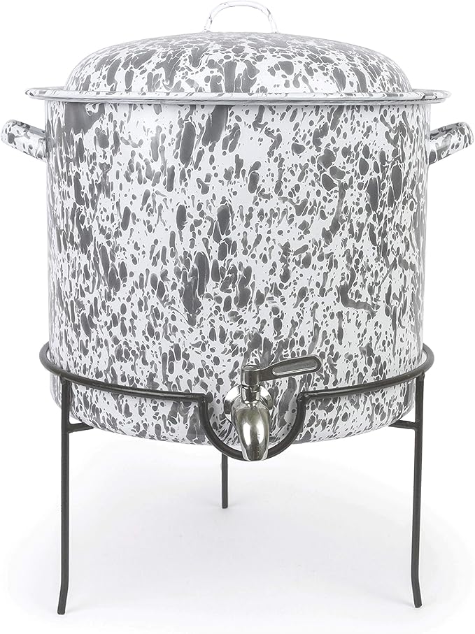 Enamelware Beverage Dispenser with Rack, 15 quart, Grey/White Splatter