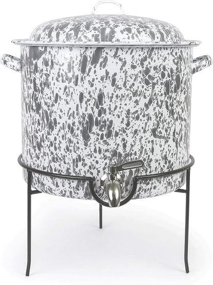 Enamelware Beverage Dispenser with Rack, 15 quart, Grey/White Splatter