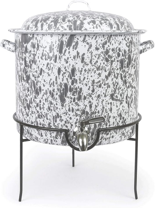 Enamelware Beverage Dispenser with Rack, 15 quart, Grey/White Splatter