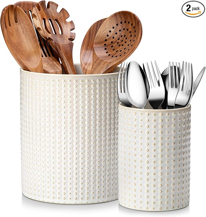 MALACASA LYDIA Ceramic Utensil Holders, 7.3"+5.5" Kitchen Utensil Crock Set for Countertop, Large & Small Utensil Organizers for Cooking Tools, Rhombus Pattern by MALACASA