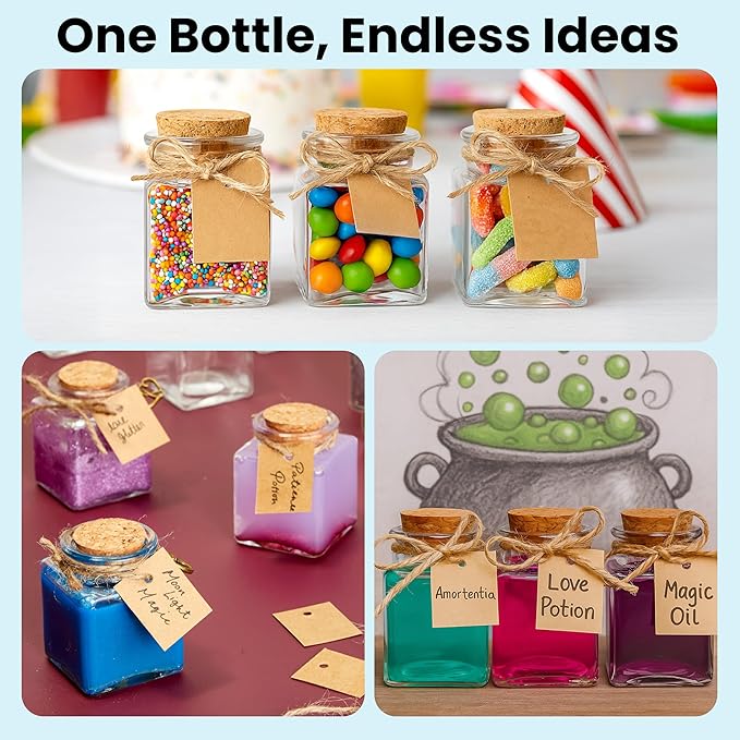 BLUE PANDA 30 Pack Small Glass Bottles with Cork Lids, 50ml Mini Jars with Twine & Tags – Square Glass Bottles for Spices, Spell Jars, Crafts, Party Favors, Weddings & DIY Storage