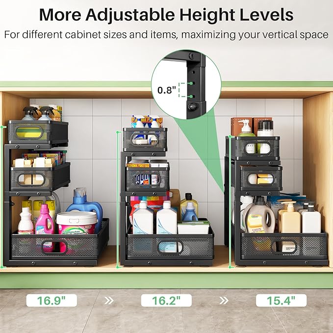 Kitstorack Under Sink Organizer, 2-Pack 3-Tier Height Adjustable Thickened Metal Pull out Cabinet Organizer Shelf, Slide out Storage Drawer Rack for Bathroom Kitchen Pantry Home Laundry Organization - Image 9