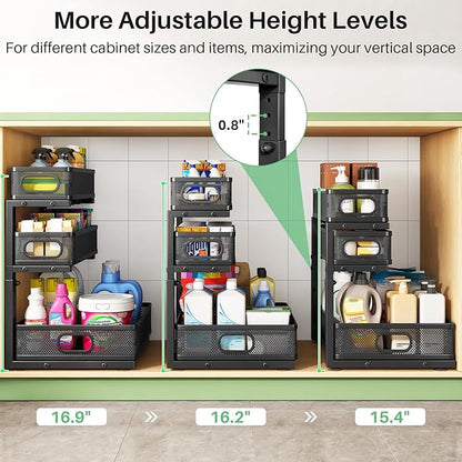 Kitstorack Under Sink Organizer, 2-Pack 3-Tier Height Adjustable Thickened Metal Pull out Cabinet Organizer Shelf, Slide out Storage Drawer Rack for Bathroom Kitchen Pantry Home Laundry Organization - Image 9