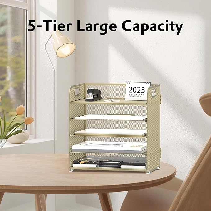 Supeasy 5 Trays Paper Organizer Letter Tray with Handle-Mesh Desk File Organizer,Pink Paper Sorter Desk Organizer for Office, Home or School (Gold Yellow) - Image 4