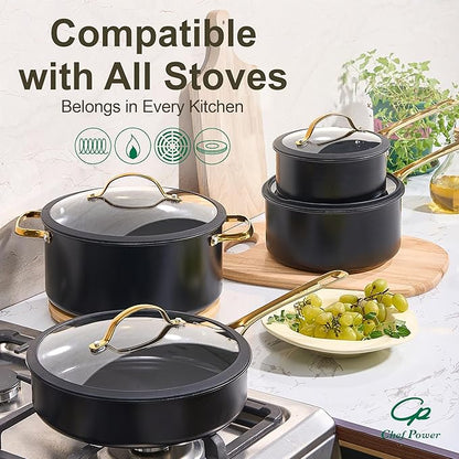 Chef Power Ceramic Frying Pan with Stainless Steel handle 5Pcs Set, Non-toxic Non Stick Grill Pan Set, Induction, Dishwasher and Oven Safe, Stone Black & Light Gold Handle, 8'', 9'', 11'' Skillet - Image 5