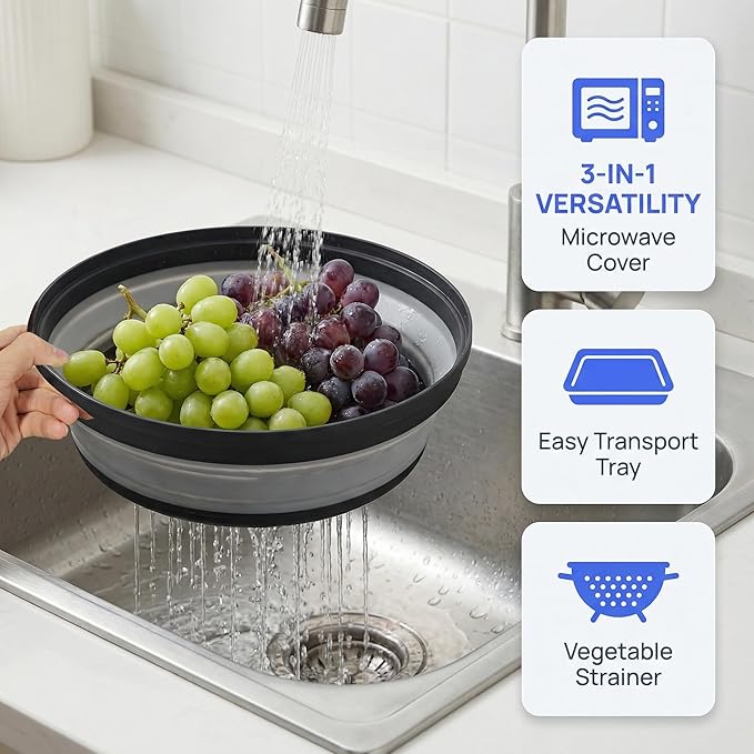 Microwave Food Cover With Handle - Collapsible And Vented Silicone Splash Guard With Tray - For Microwave Food Heating-Splash Guard Can Be Used As a Draining Basket For Washing Vegetables (Black)