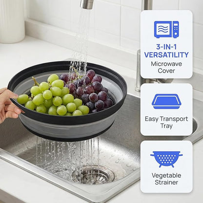 Microwave Food Cover With Handle - Collapsible And Vented Silicone Splash Guard With Tray - For Microwave Food Heating-Splash Guard Can Be Used As a Draining Basket For Washing Vegetables (Black)