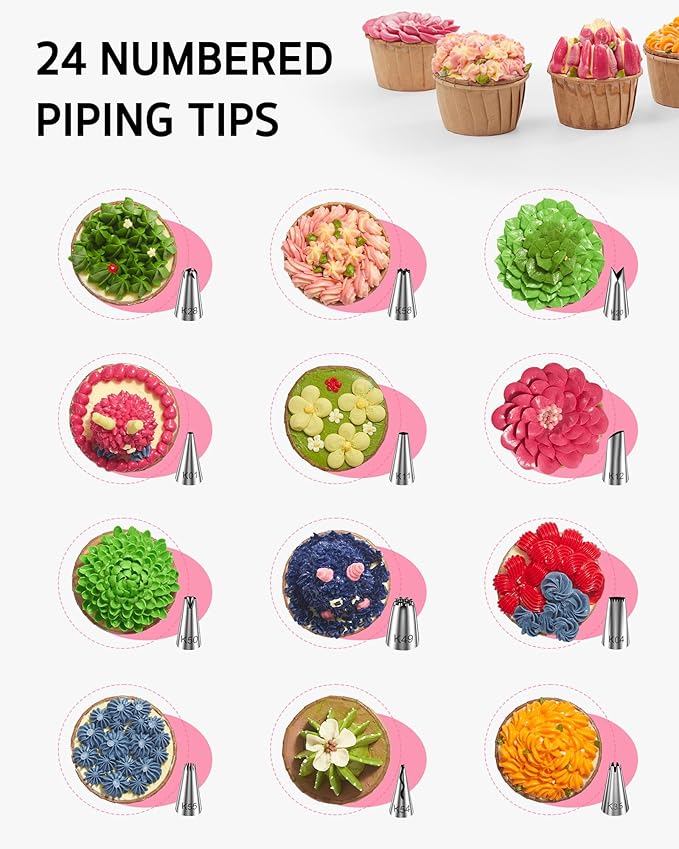 Syntus 65 PCs Cake Decorating Kit with Cake Stand Turntable, Cake Baking Supplies 30+1 Piping Bags, 24 Piping Tips, Offset & Straight Spatulas, 3 Scrapers, Leveler, 2 Couplers & 1 Tips Brush - Image 5
