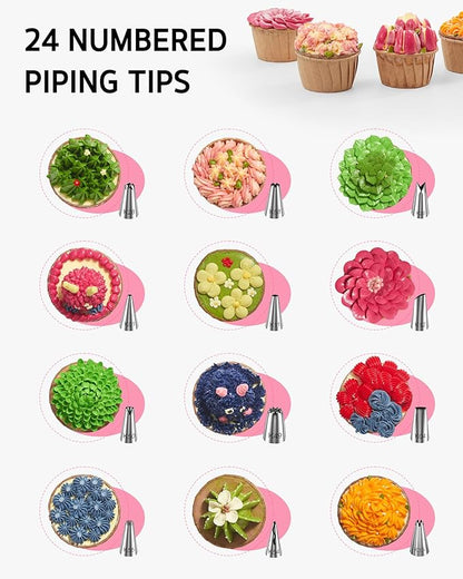 Syntus 65 PCs Cake Decorating Kit with Cake Stand Turntable, Cake Baking Supplies 30+1 Piping Bags, 24 Piping Tips, Offset & Straight Spatulas, 3 Scrapers, Leveler, 2 Couplers & 1 Tips Brush - Image 5