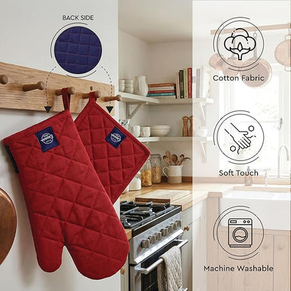 Encasa XO Heat Resistant 100% Cotton Oven Glove & Potholder Set with Loop, Kitchen Cooking Mittens, Microwave Safe Hot Pads (Red)
