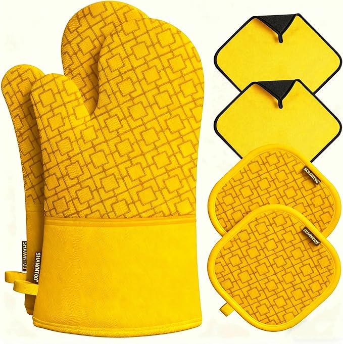 Oven Mitts and Pot Holders Sets 6pcs, Kitchen Oven Glove,High Heat Resistant 550 Degree Extra Long Oven Mitts and Potholders with Non-Slip Silicone Surface for Home Essentials (Grey) (Yellow) by OvenMitts