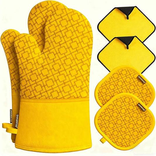 Oven Mitts and Pot Holders Sets 6pcs, Kitchen Oven Glove,High Heat Resistant 550 Degree Extra Long Oven Mitts and Potholders with Non-Slip Silicone Surface for Home Essentials (Grey) (Yellow) by OvenMitts